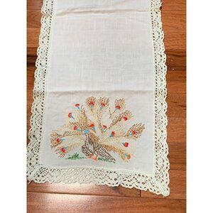 Vintage Hand Embroidered Peacock White Table Runner 12x34"
